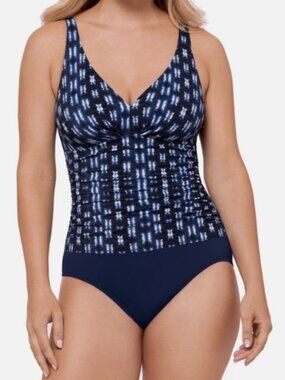 NWT! Swim Solutions Navy Blue Printed Slimming One Piece Swimsuit NEW!